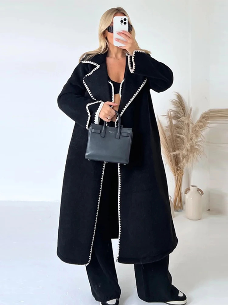 Women's Down Parkas Women Patchwork Splice Woolen Maxi Coat Long Coat Elegant Long Sleeve Solid Loose Jacket Autumn Winter Lady Outerwear 231025