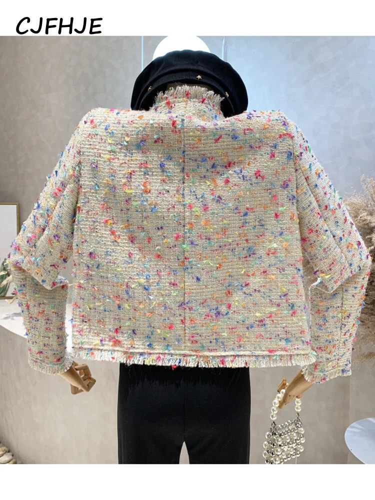 Women's Jackets CJFHJE Fragrant Coat Women's Autumn Winter French Fashion Rainbow Color Tweed Fringed Coat Ladies Sweet Short Wool Jacket 23