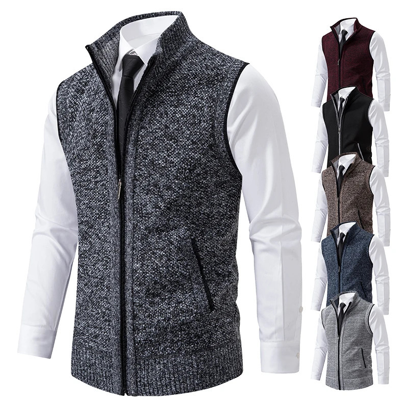 Men's Vests Vest Men's Knitted Sleeveless Sweater Wool Velvet Zipper Cardigan Turn-down Pullovers Turtleneck Sweatercoat Knit Waistcoat 2310