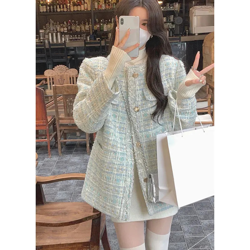 Women's Suits Blazers Spring Blue Woven Tweed Short Suit Coat Women's Loose Round Neck Heavy Industry Ladies 231025