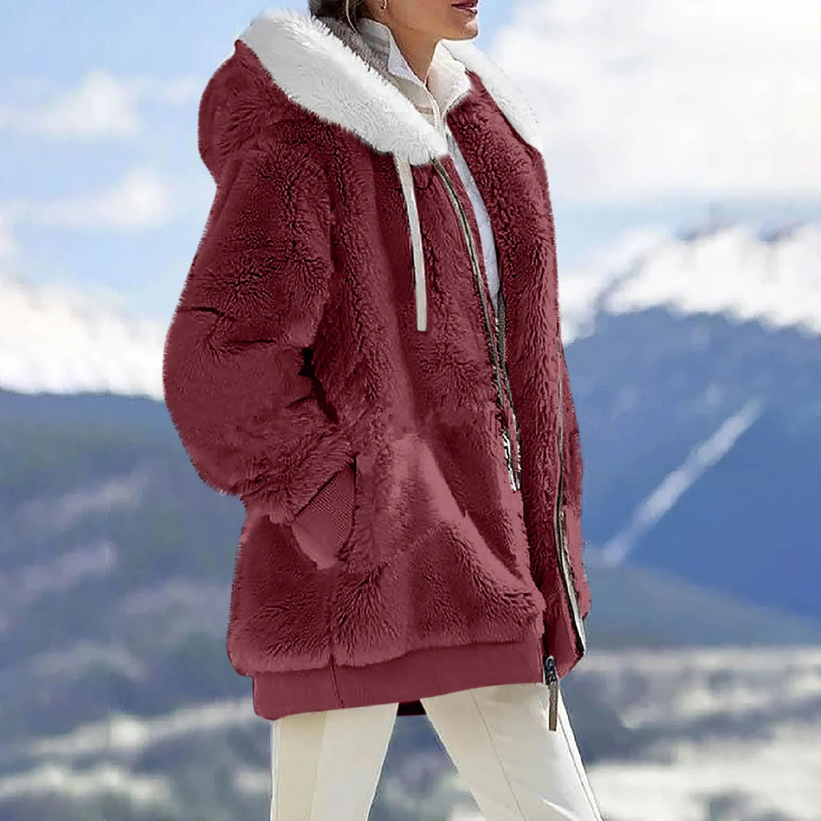 Women's Down Parkas Autumn Winter Plush Coat Women Fashion Soild Hooded Coat Loose Plush Long Sleeve Zipper Pocket Teddy Overcoat Female Hooded C