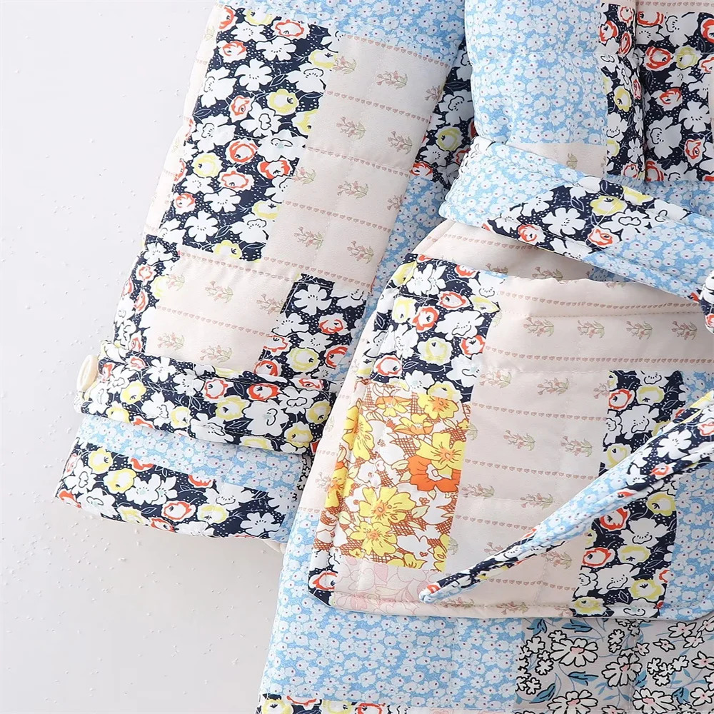 Women's Wool Blends PB ZA 2023 Autumn Fashion European and American Style Casual Belt Printed Quilted Cotton Long Coat 231026