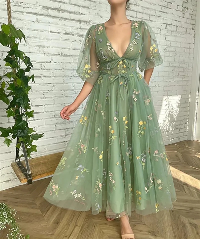 Women Puffy Sleeve Tulle Fairy ral Lady Chic Tea Length Summer Bridesmaid Dress wer Lace Formal Evening Prom Gowns