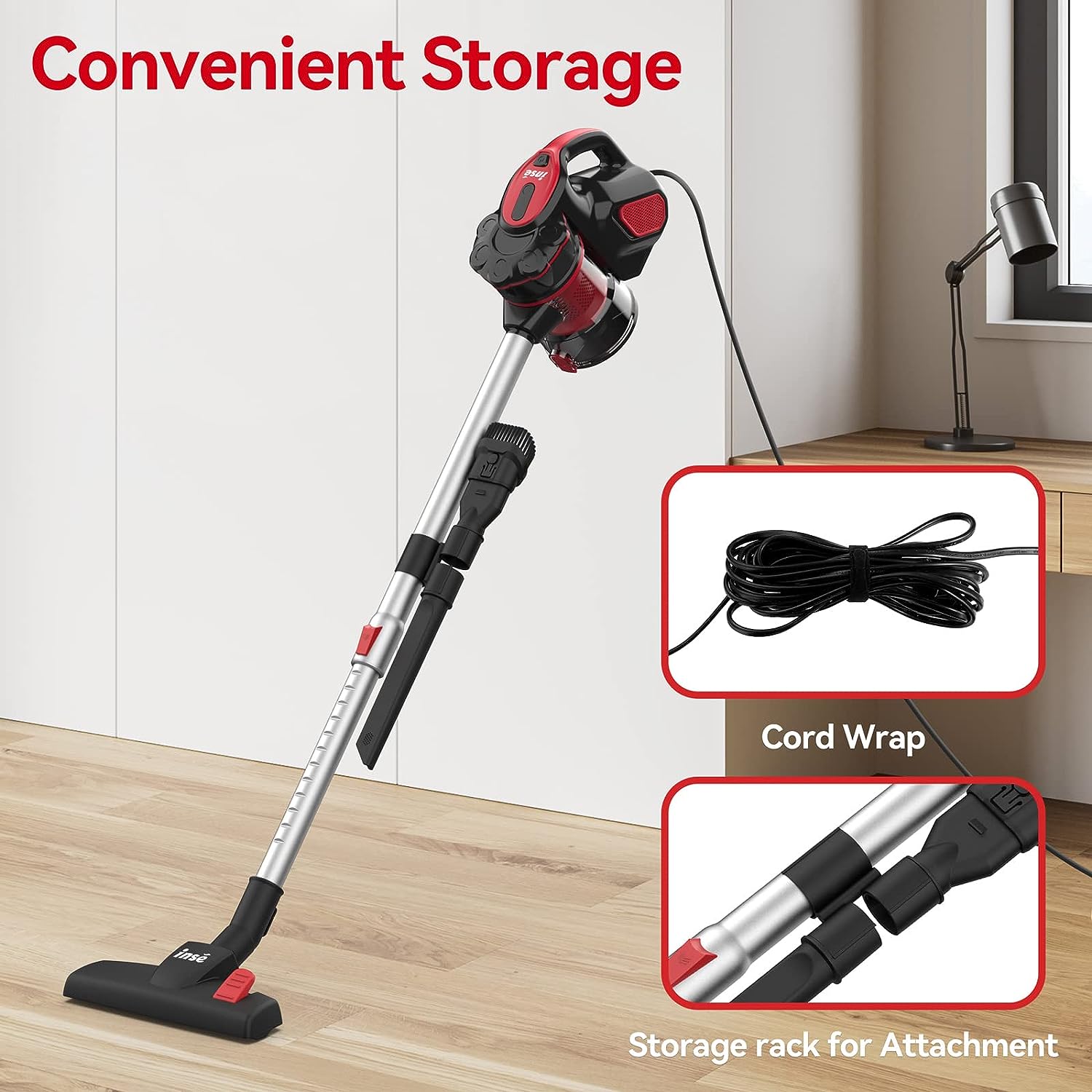 INSE Corded Vacuum Cleaner, 600W Corded 18000Pa Powerful Corded Stick Vacuum, 6-in-1 Versatile Handheld Vacuum Cleaner for Home Pet Hair --- I5 Red