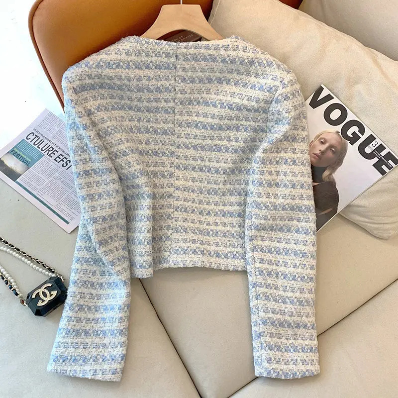 Women's Jackets Striped Tweed Striped Crop Jackets Tops Women Autumn Button Pockets Long Sleeve Korean Vintage Female Outerwear Tops Coat 231026