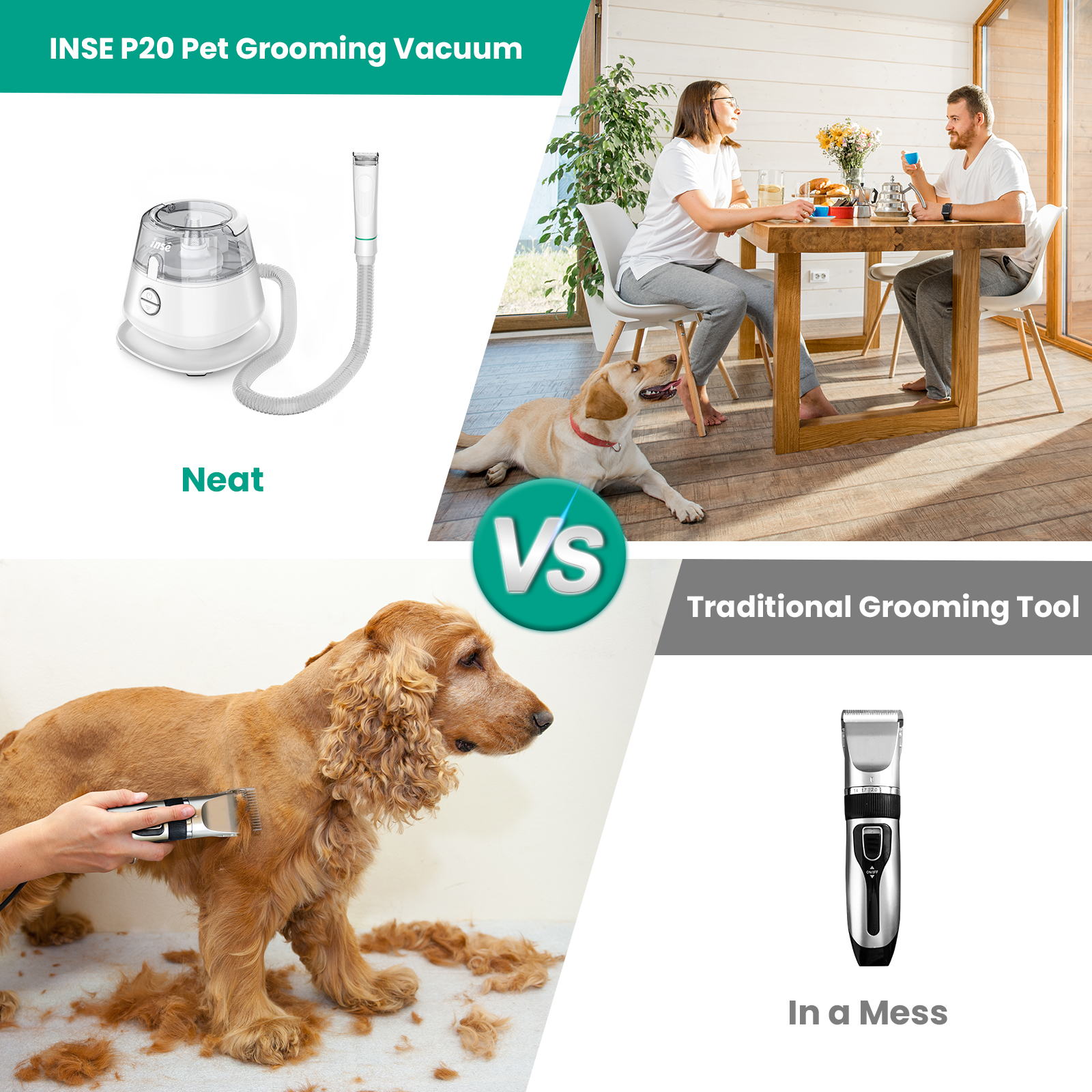 INSE Pet Grooming Kit & Dog Hair Vacuum, Dog Clippers Kit Suction 99% Pet Hair, Large Dust Cup Vacuum with Clipper, 5 Pet Grooming Tools for Shedding 