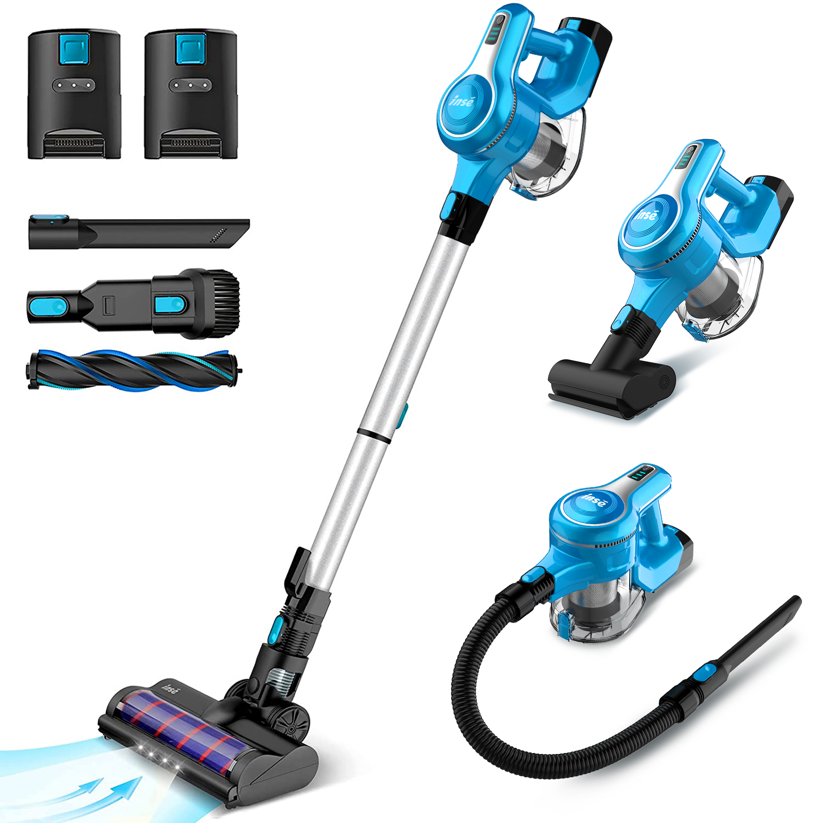 INSE Cordless Vacuum Cleaner with 2 Battery Up to 90Mins Runtime, 10-in-1 28KPa 300W Brushless Stick Vacuum, Lightweight Vacuum for Carpet Hard Floor 