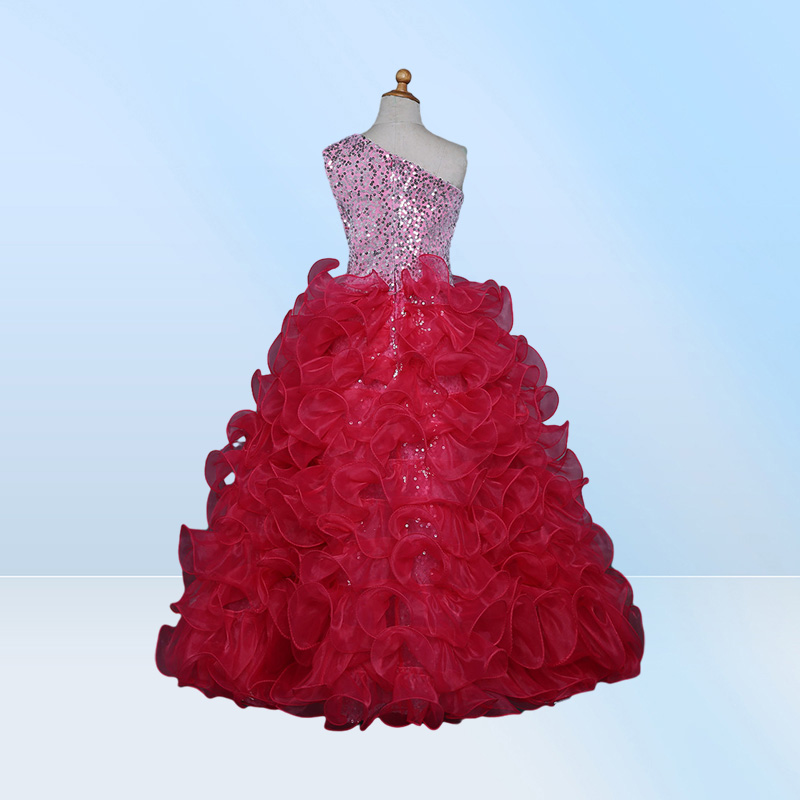 Fashion Sliver Sequined Girls Pageant Dresses Cheap One shoulder Organza Ruffle Crystal Long Prom Evening Dress For Kids