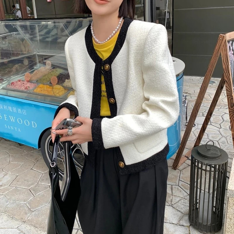 Women's Jackets Vintage Elegant Tweed Cropped Jackets Women Korean Patchwork Short Coat Spring Autumn Streetwear All Match Casual Outerwear Tops 