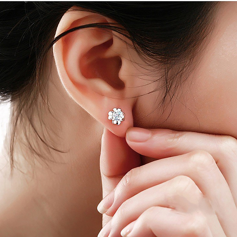 Women's Sterling Silver Round CZ Stud Earrings - Luck-Inspired Design for Festivals