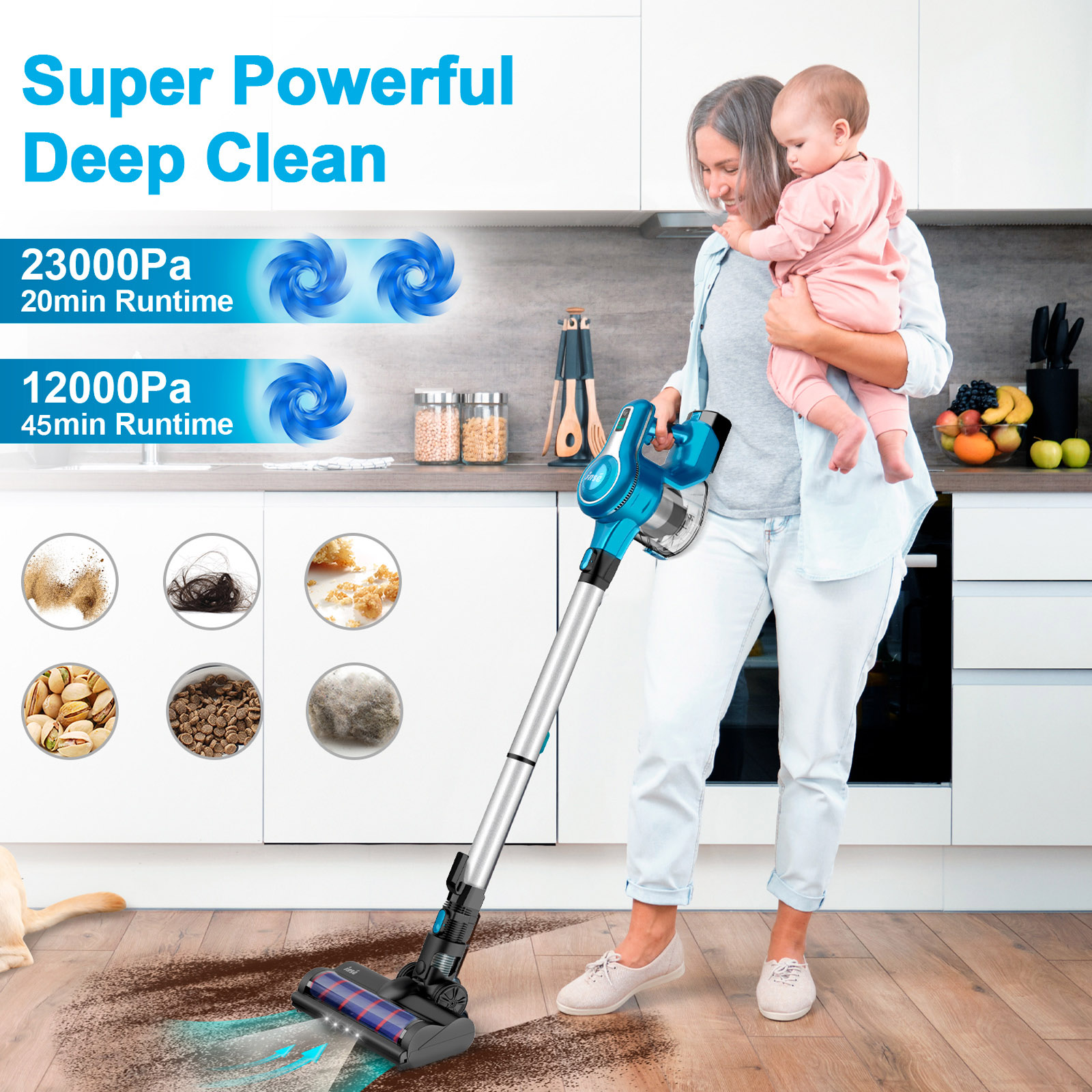INSE Cordless Vacuum Cleaner, 10-in-1 28Kpa Powerful Cordless Stick Vacuum with Pet Hair Tool, Rechargeable Cordless Vacuum 45min Runtime Lightweight 