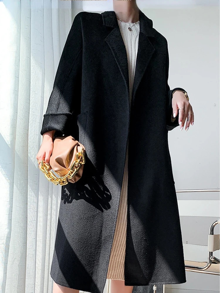 Women's Wool Blends Women Double-Sided 20% Cashmere Wool Coat Jacket Women Long Beautiful Woolen Winter Autumn Warm Fashion Water Ripple Cloak 23
