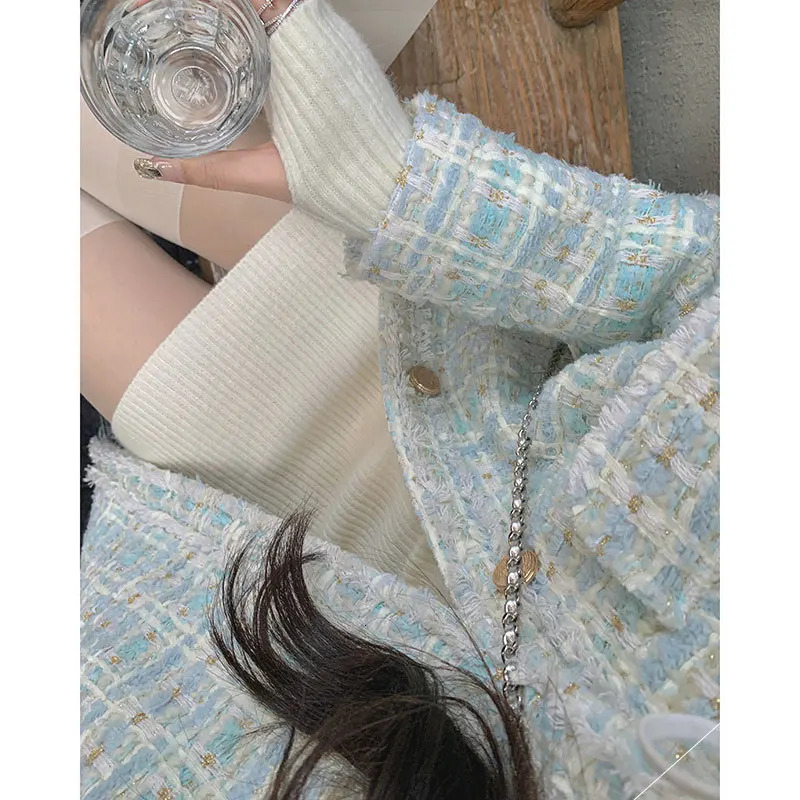 Women's Suits Blazers Spring Blue Woven Tweed Short Suit Coat Women's Loose Round Neck Heavy Industry Ladies 231025