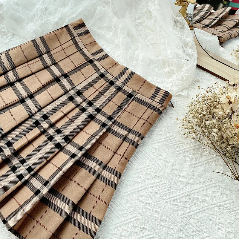 Skirts Contrast Color Plaid Striped Skirt Korean Version of Pleated Skirt Autumn High Waist A Line Plaid Mini Skirt Student Style Sweet 231025