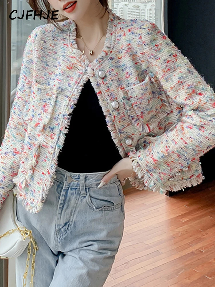 Women's Jackets CJFHJE Fragrant Coat Women's Autumn Winter French Fashion Rainbow Color Tweed Fringed Coat Ladies Sweet Short Wool Jacket 23