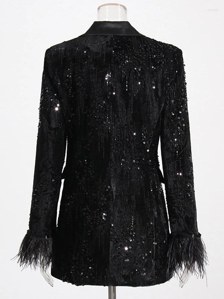 Womens Jackets HIGH STREET Est Fashion Designer Feather Coat Stylish Double Row Button Sequin Ostrich Hair Embellished Blazer AAA Discount for in-stor