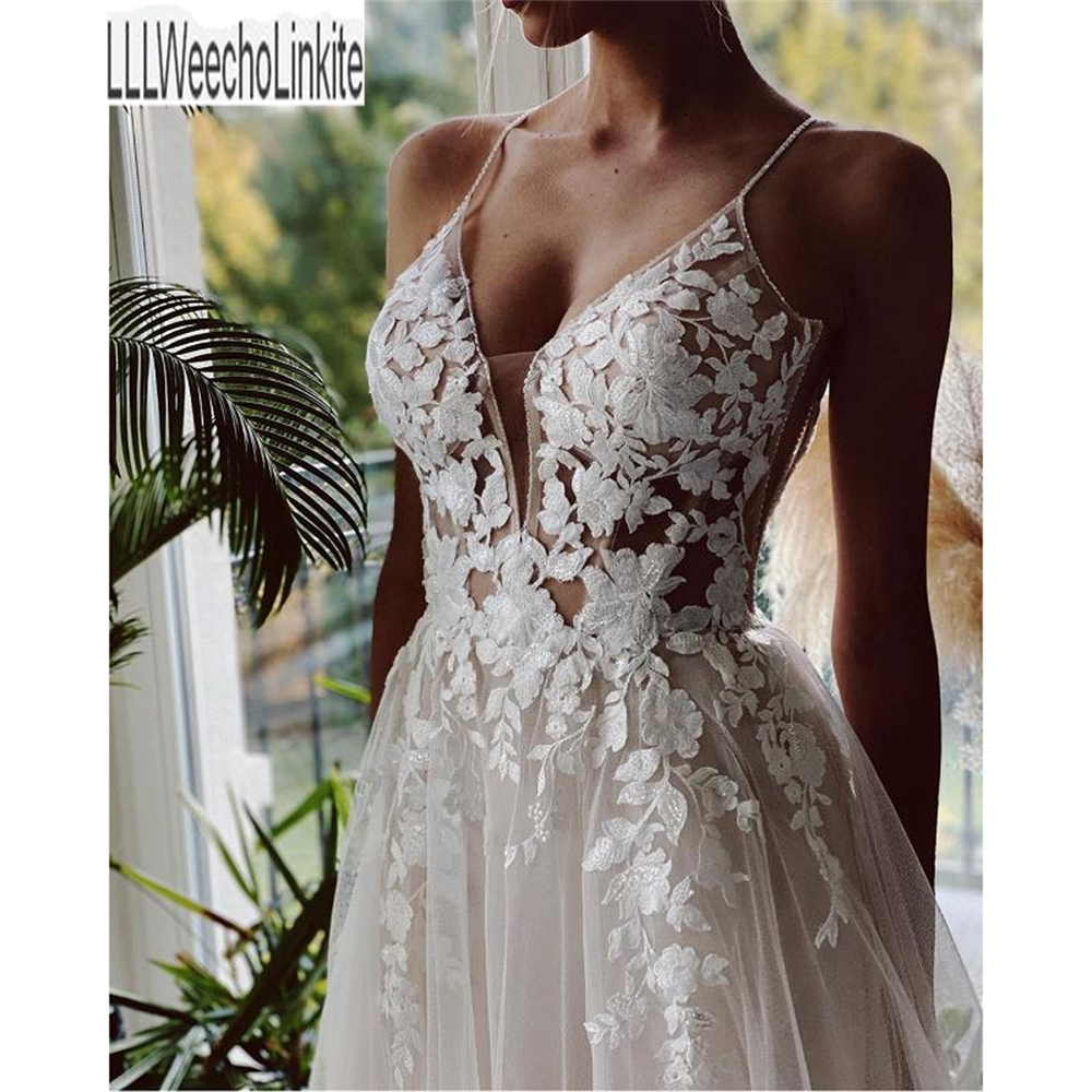 ZJ9289 Bohemian Wedding Dress V Neck Lace Boho Spaghetti Straps Backless Beach Bridal Gowns 2023