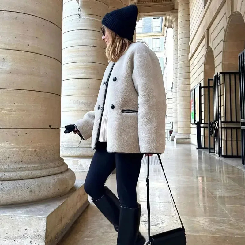 Women's Fur Faux Fur TRAF Fur Coat Women Plush Jackets Autumn Winter Long Sleeves Faux Fur Fleece Jacket Female Coat Gentle Fur Integrated Outerw