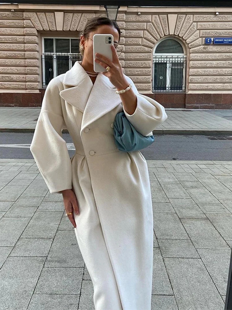 Women's Wool Blends Elegant Solid Woolen Blend Overcoat Women Fashion Thick Lapel Double-Breasted Long Sleeve Jacket Spring Autumn Lady Outwear 2