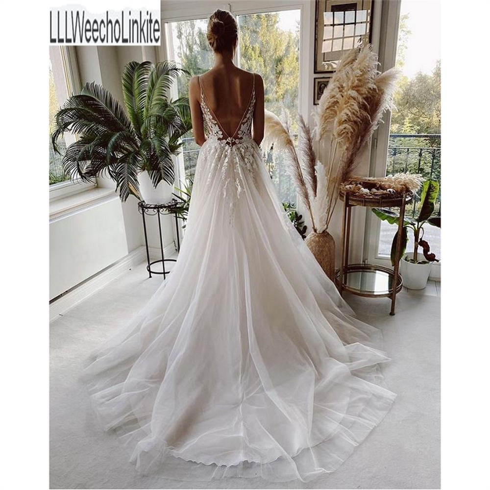 ZJ9289 Bohemian Wedding Dress V Neck Lace Boho Spaghetti Straps Backless Beach Bridal Gowns 2023