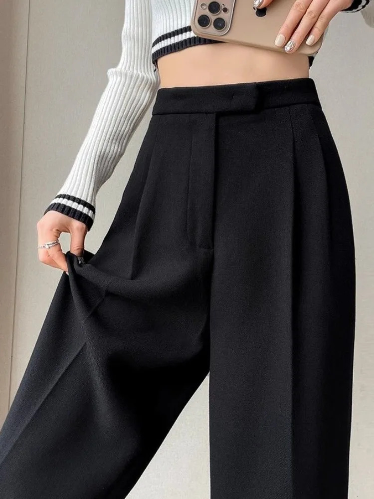 Women's Pants Capris Gray Pants for Women Solid Wool Suit Women Pants High Waist Fashion Wide Leg Pants Autumn Winter Thickening Women' S Pa