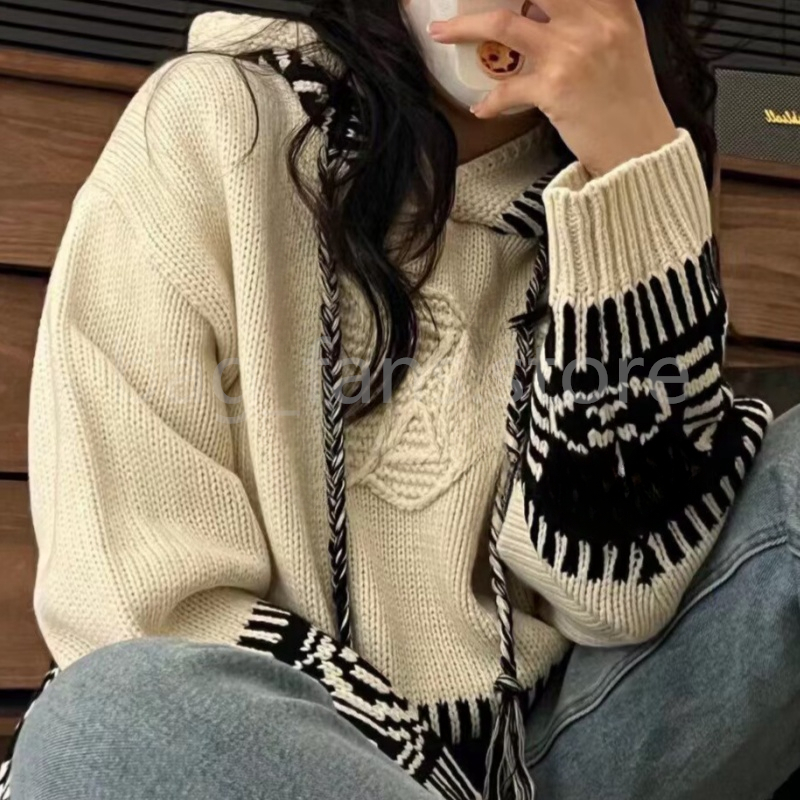 Designer Sweaters for Women Fashion Knitted Hoodies with Hat Ethnic Style Jacquard Sweater for Autumn Winter Festival Gifts 25197