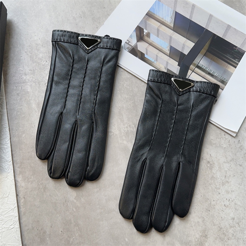 Black Sheepskin Winter Gloves For Men - Warm Plush Lined Designer Leather With Triangle Fashion