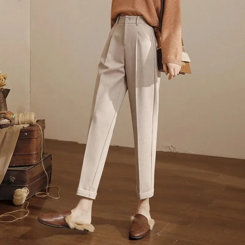 Women's Pants Capris Lucyever Vintage Women's Woolen Pants Autumn Winter Thickened Warm Pencil Trousers Female Elegant Slim Ankle Length Har