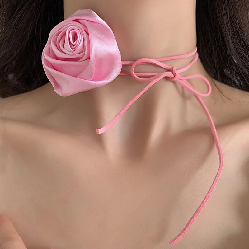 Chokers Romantic Satin Rose For Neck Lace Up Champagne Flower Rope Choker Necklace Adjustable Korean Y2k Jewelry Accessories 231025