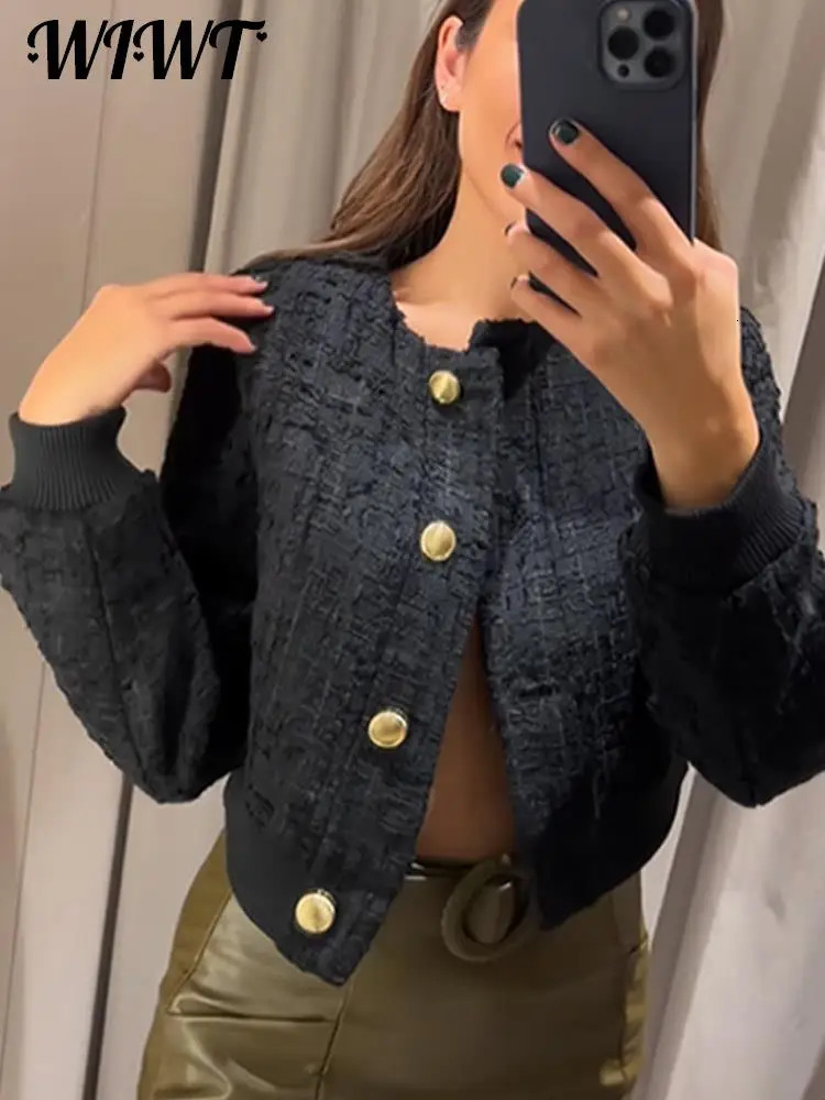 Women's Jackets Tweed Short Bomber Jacket Women Autumn Winter Casual Frayed Single-breasted Solid Short Coats Elegant Office Lady Jackets 231026