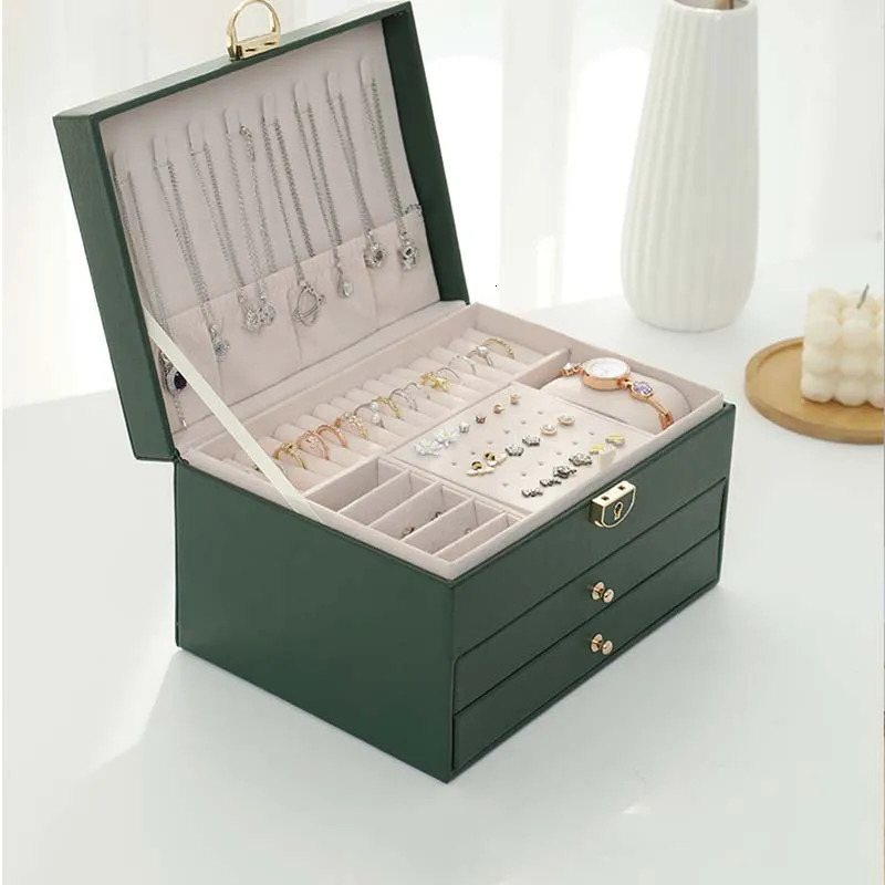 Jewelry Boxes 3Layer PU Jewelry Organizer Box Necklaces Earrings Rings Display Holder Case Large Capacity Gift For Women 231025
