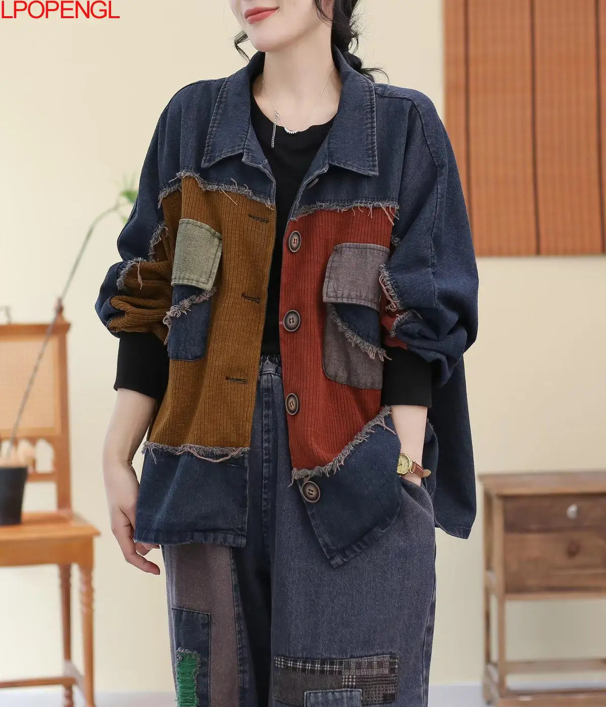 Women's Jackets Autumn Literary Vintage Loose Casual Distress Patch Raw Edge Denim Jacket Women Patchwork Long Sleeves Streetwear Coat 231025