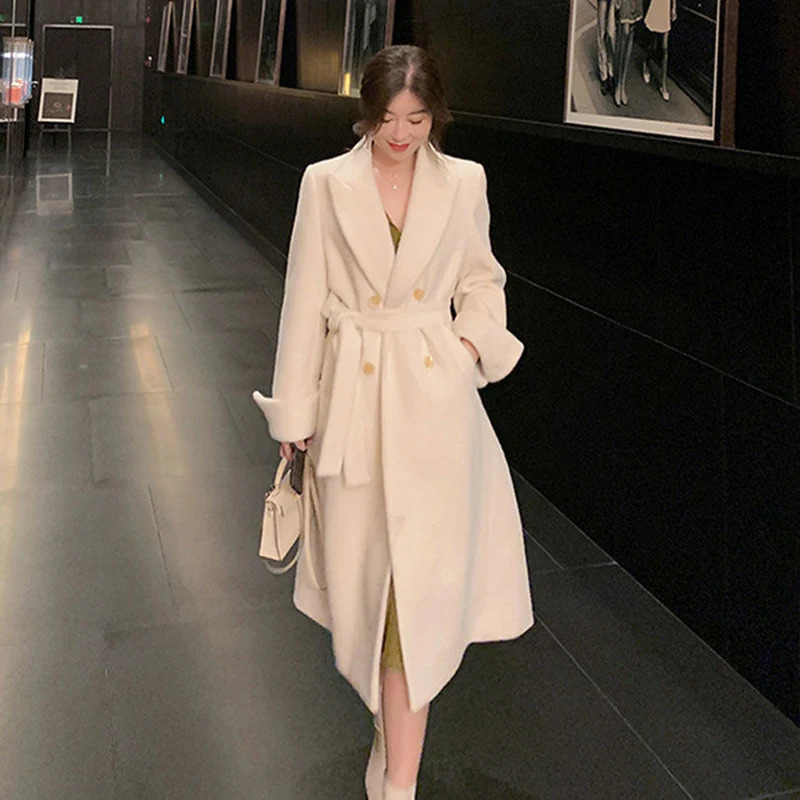 Women's Wool Blends Elegant Long Wool Coat Women Belt Bandage Outwear Korean Oversized Cardigan Woolen Overcoat Winter Lace Up All Match Jackets 