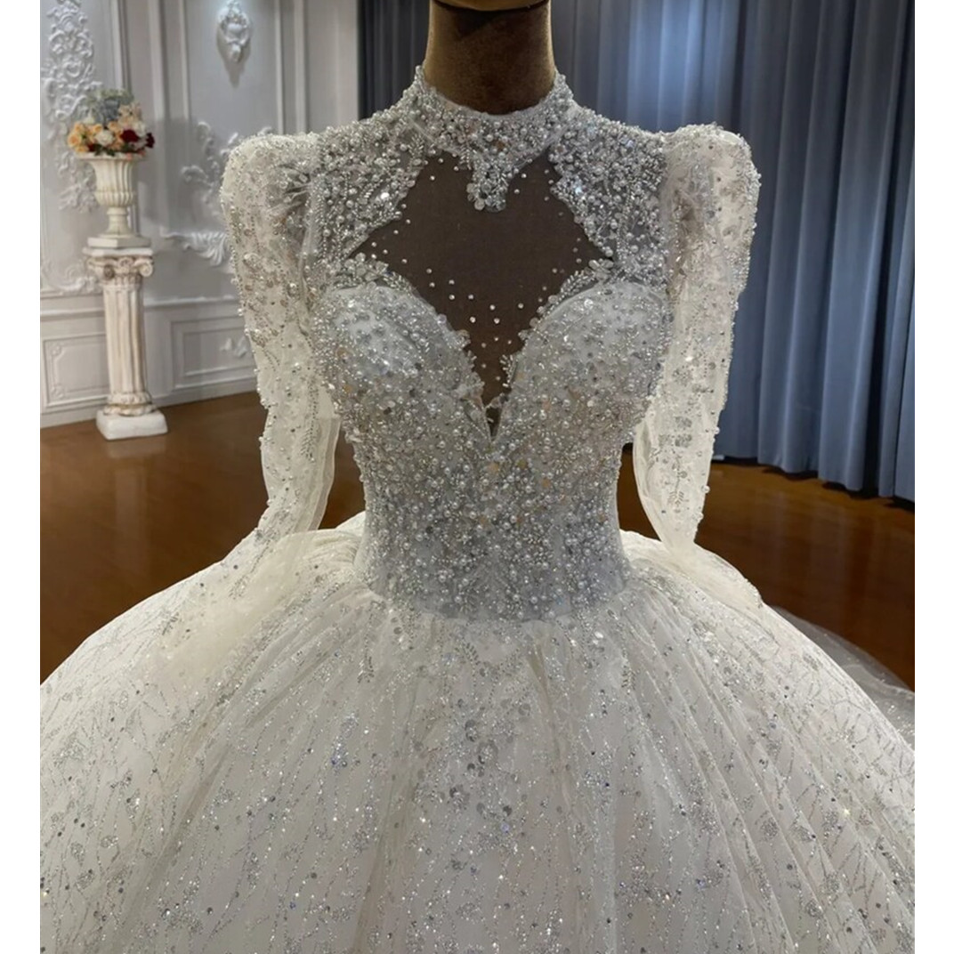 Sexy Lace Appliques Party Gowns Long Sleeve High Wedding Dresses Backless Elegant A-E Vestidos De Novia 0906