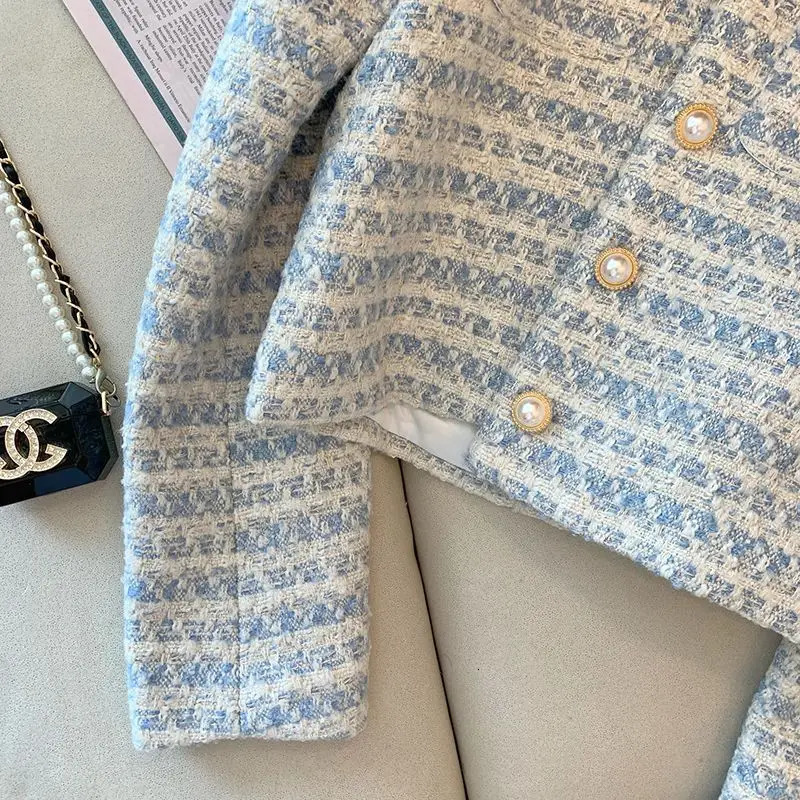 Women's Jackets Striped Tweed Striped Crop Jackets Tops Women Autumn Button Pockets Long Sleeve Korean Vintage Female Outerwear Tops Coat 231026