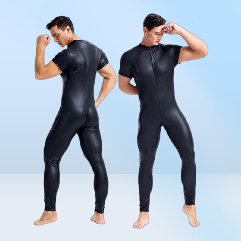 Men039s GStrings Leather Men Sexy Bodysuit Faux Latex Male Erotic Jumpsuit Club Stage Costume Gays Sex Lingerie Adult Products4386896