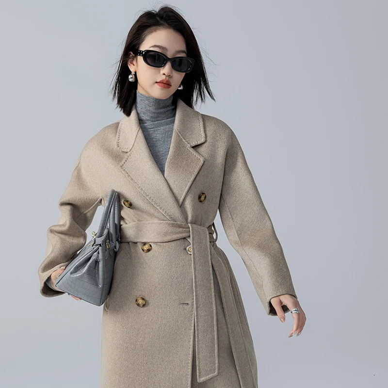 Women's Wool Blends Autumn/Winter Long Cashmere Coat Women water corrugated double breasted windbreaker Woolen Women's Long wool coat 231025