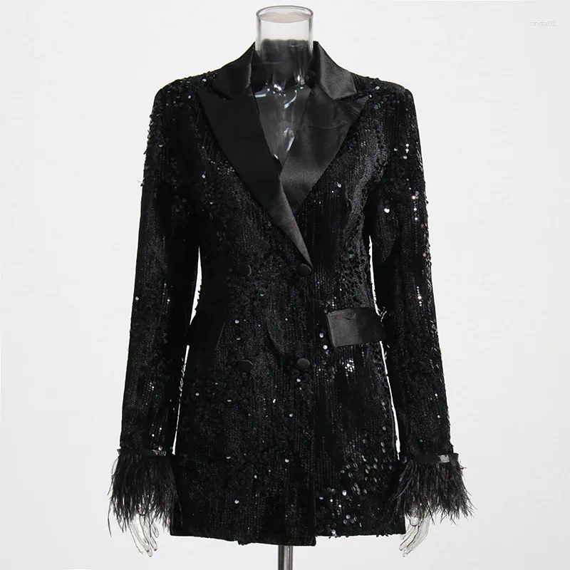 Womens Jackets HIGH STREET Est Fashion Designer Feather Coat Stylish Double Row Button Sequin Ostrich Hair Embellished Blazer AAA Discount for in-stor
