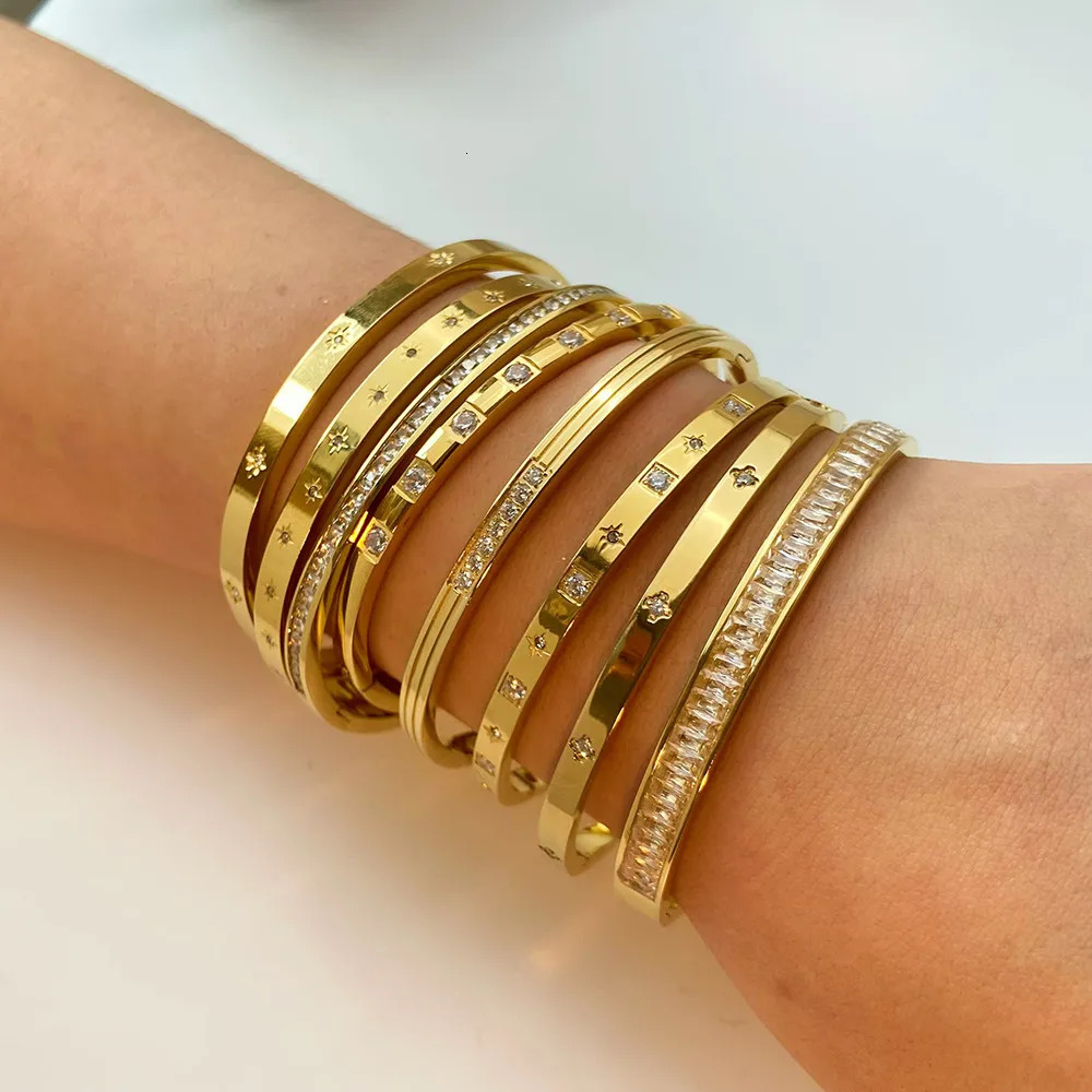 Bangle Waterproof Cubic Zirconia Bangles Stainless Steel Bracelets Gold Plated Jewelry for Women Factory Wholesales Customize