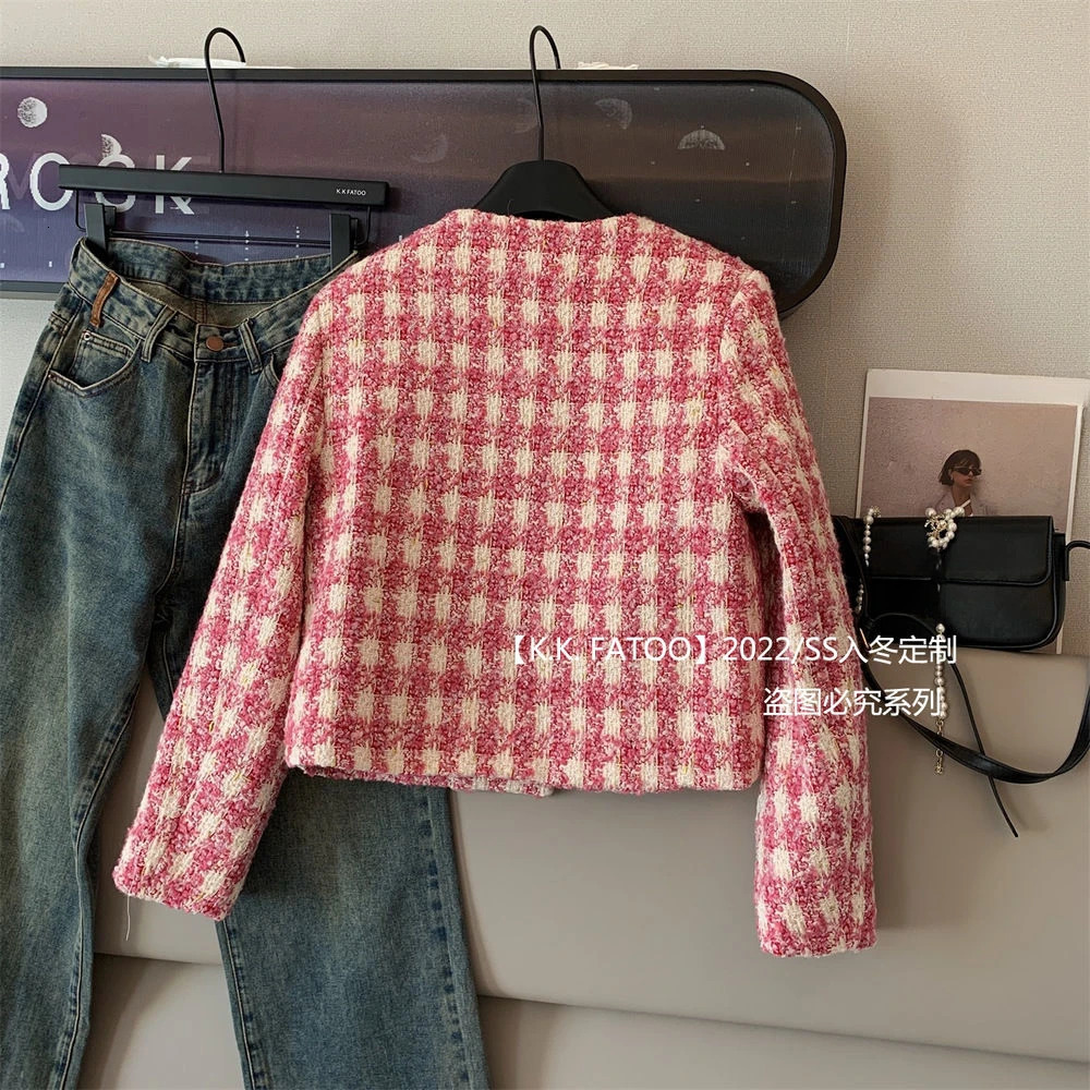 Women's Jackets KUSAHIKI Tweed Short Coat Women Autumn Korean Hit Color Plaid Jacket Fashion Elegant O-neck Single Breasted Cardigan Tops 231026