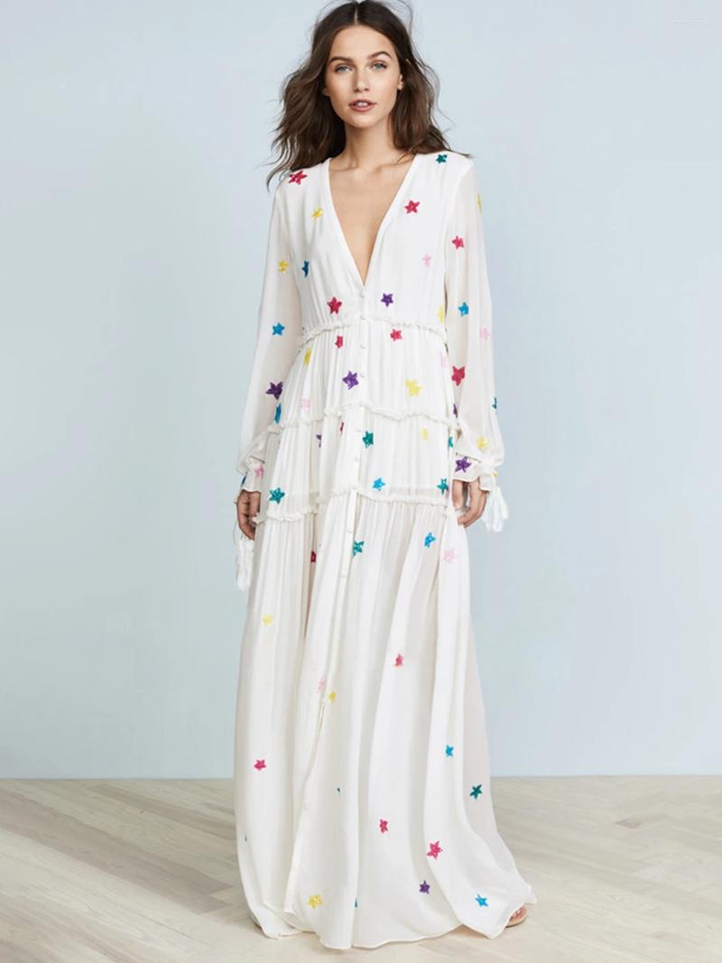 Casual Dresses Jastie Boho Star Embroidered Loose Maxi Dress Women Deep V Neck Long Sleeve Single-breasted Vestido Holiday Beach