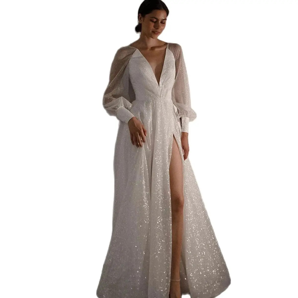 Sparkg V Neck A e Wedding Gowns Sequined Full Sleeve High Side Split Modest Bridal Gown Custom Made Robe de mariee