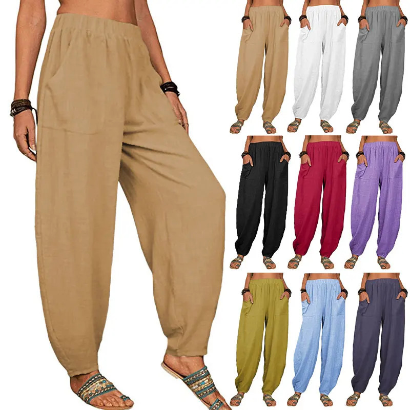 Women's Pants Capris Women Harem Pants Summer Casual Vintage Cotton Linen Pants Elastic Waist Wide Leg Fashion Loose Pockets Female Trousers S-5X