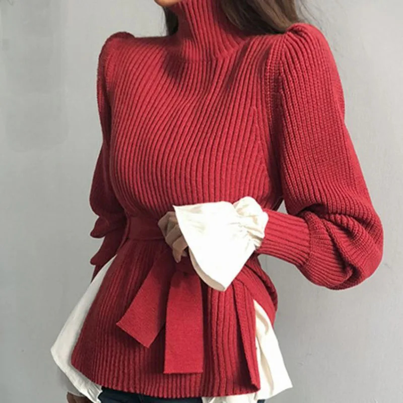 Women's Sweaters Xpqbb Women Turtleneck Pullover Sweater Korean Fashion Bandage Side Split Knitting Jumper Woman Winter Warm Long Sleeve 231026
