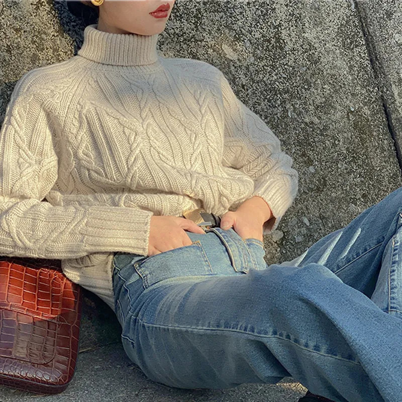 Women's Sweaters autumn and winter women's high neck cashmere sweater casual cable pullover long sleeve loose street fashion 231026