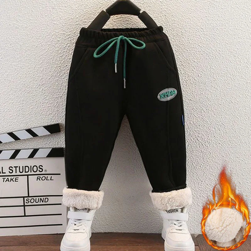 Trousers Winter Lace Up Fleece Lined Kids Harem Pants Warm Thicken Lambwool Fluff Children Pantalones Thick Snow Wear Sweatpants Trousers 231026