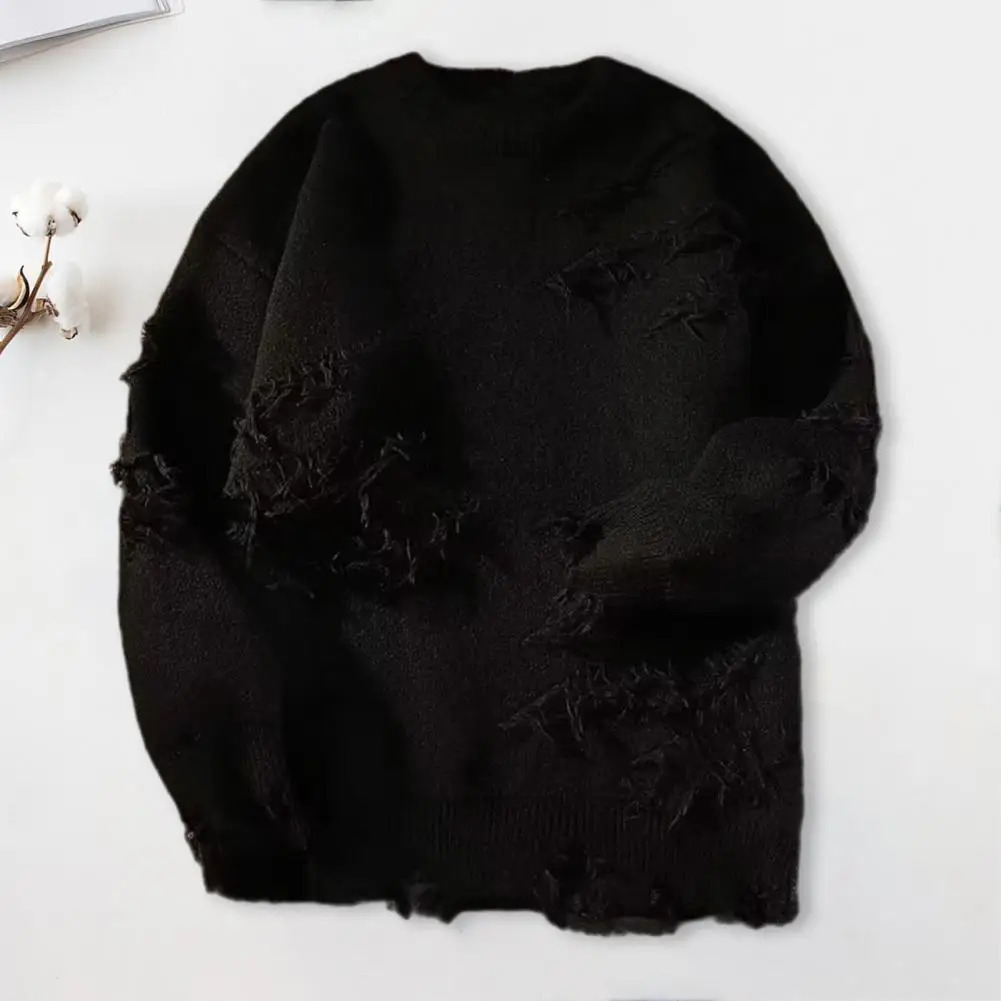 Men's Sweaters Retro Hole Fringed Sweater y2k Streetwear Ripped Solid Color Knitted Pullover Sweater Hip Hop High Street Vintage Male Sweater 231