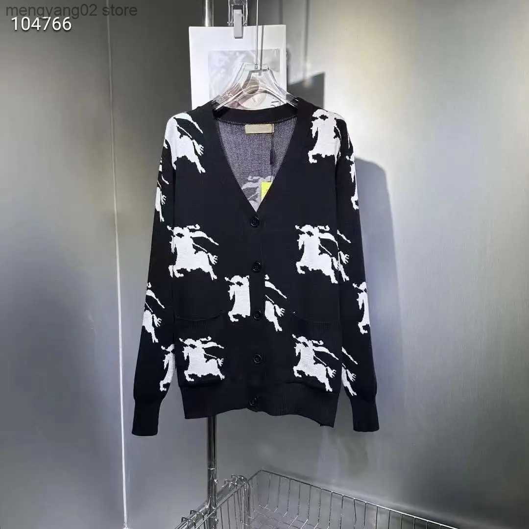 Women's Sweaters Horse Jacquard V Neck Sweater Jackets Cashmere Knitted Cardigans Single Breasted Women Wool Knitwear Coat Femme Runway 2023