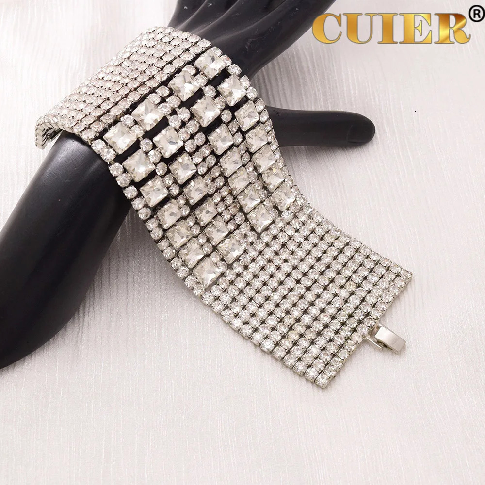 Bangle CUIER 5.7cm Width Bangle for Women Square Glass Drag Queen Bracelet Jewelry Waist Full Rhinestones Crystal Oversize Accessories 231027