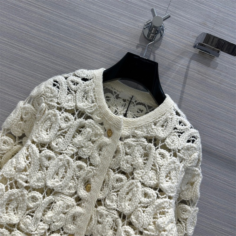 2023 Off White ce Heavy Industry Hook Flower Hollow Knitted Cardigan Small Fragrancec C oat Women